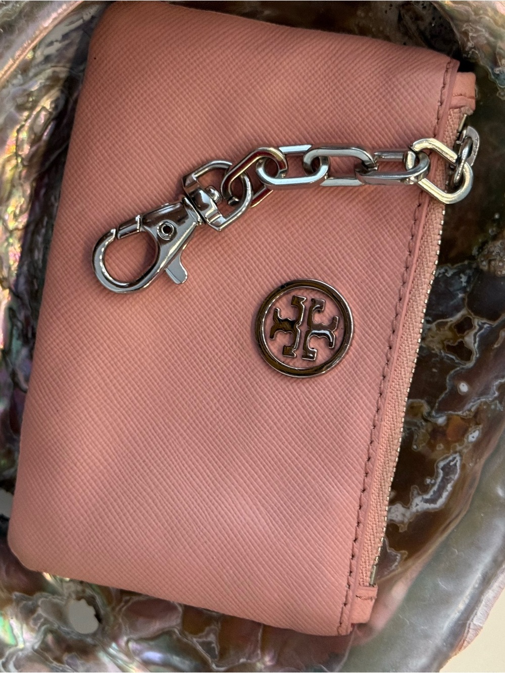 Tory Burch Dusty Rose Zip Card Holder with Chain